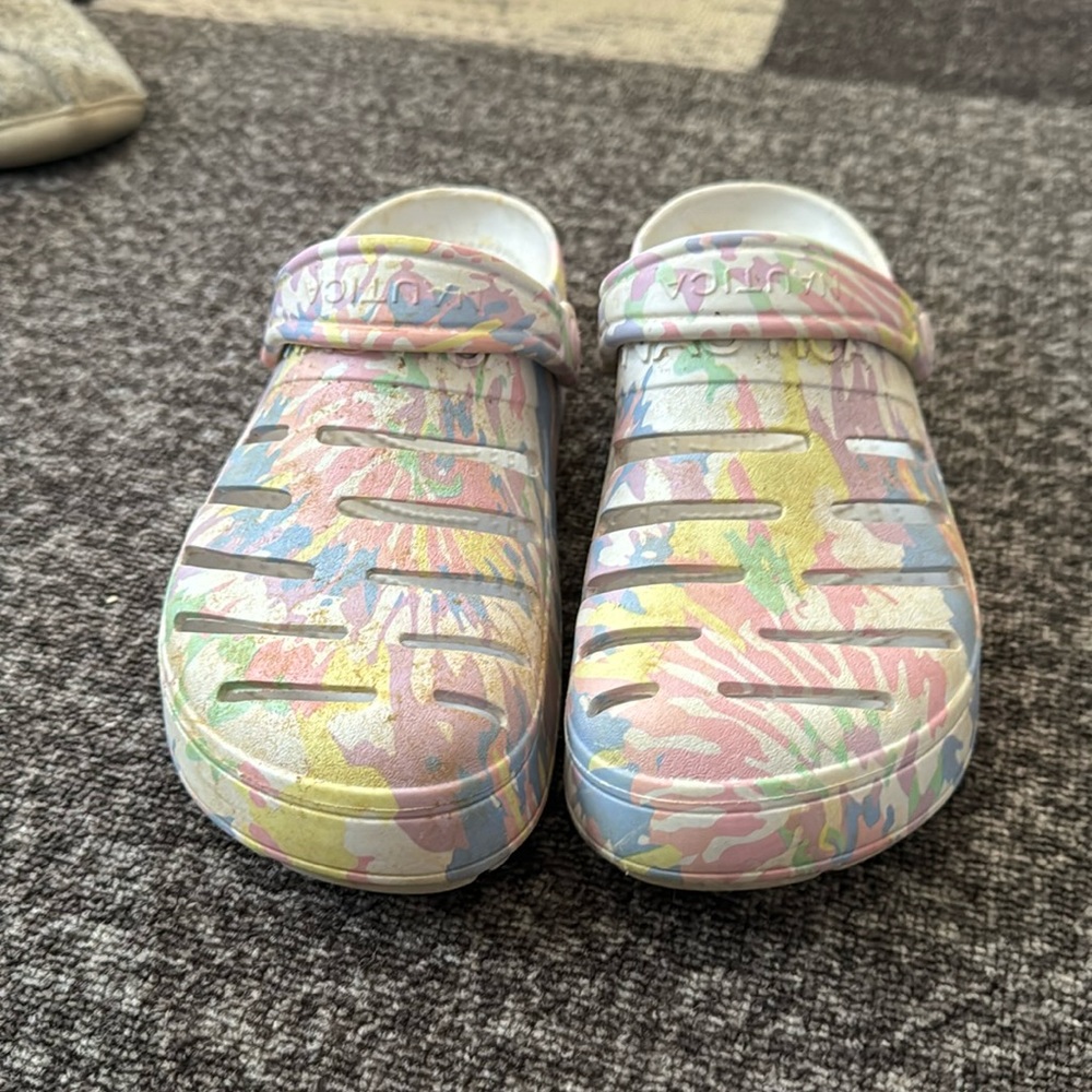 Pastel tie dye crocs